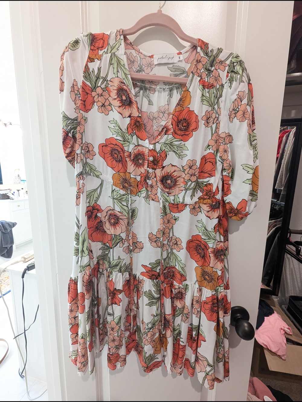 Petal & Pup White Mini Dress with Orange & Green Floral Print